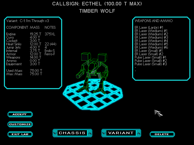 The reason I called it "I'm Through" was after getting sick of the harassment of the bad guys on Hard for 31st Century Combat, plus I assembled this with experience from NetMech (props go to Rad, Stealth, Pep and Freeza). This is the third and final rendition, but I hardly doubt this would survive a NetMech field test.